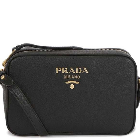 Prada Vitello Phenix Black Leather Gold Logo Camera Crossbody - Picture 1 of 7